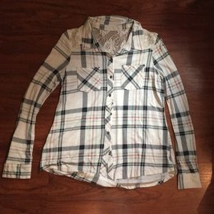 NWOT Vanity Plaid Shirt with Lace Back Size M